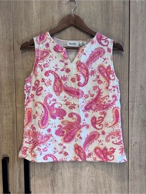 Units Petite Linen Boxy Pink Paisley Sleeveless V-Notch Tank Top S Coastal